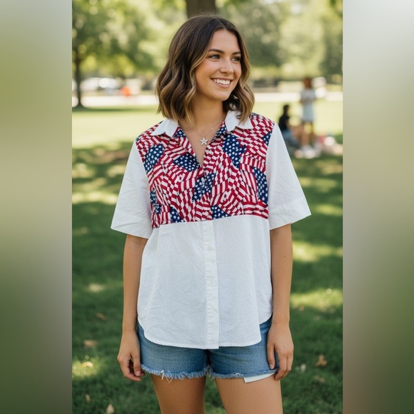 Vintage Tops - Vintage Willow Bay Patriotic Flag Wide Sleeve Button Down Shirt​